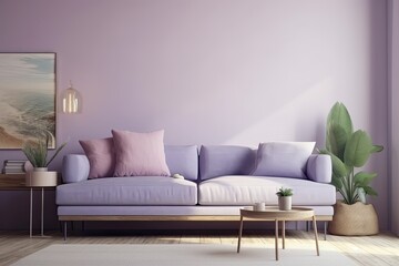 2022 living room color trend Very Peri. Lavender sofa in bright color with blank wall for artwork or image. Generative AI
