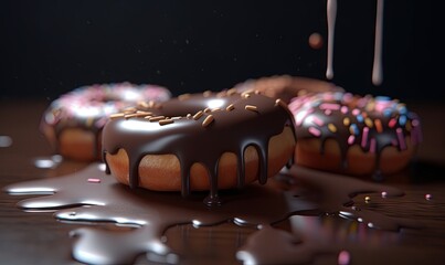  three donuts with chocolate glaze and sprinkles.  generative ai