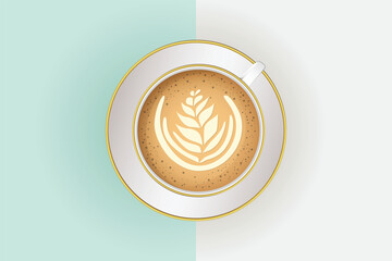 Vector Realistic Milk Foam Coffee with heart lines  in white Ceramic, Coffee Mug on colorful background. Capuccino, Latte. Concept Creative Banner with Coffee Cup. Design Template. Top View