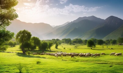  a herd of sheep grazing on a lush green field next to mountains.  generative ai - obrazy, fototapety, plakaty