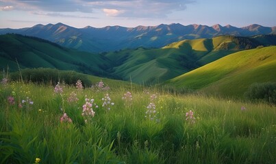 Fototapeta premium a grassy field with flowers and mountains in the background at sunset. generative ai