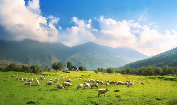  a herd of sheep grazing on a lush green field with mountains in the background.  generative ai