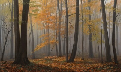  a painting of a foggy forest with trees and leaves.  generative ai