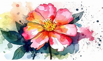  a watercolor painting of a pink flower with green leaves.  generative ai