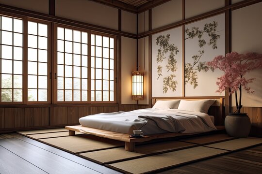 , imitation frame in traditional Japanese bedroom interior ,. Generative AI