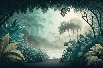 Wallpaper design of tropical trees and leaves in a misty forest - illustration. Generative AI