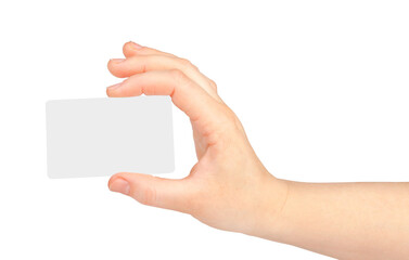 Female hand with a blank card isolated on white background.