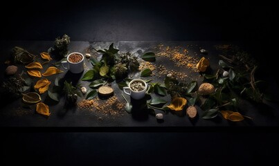  a table topped with cups filled with different types of herbs.  generative ai