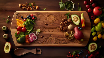 Fruit and vegetables on a chopping board