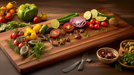 Fruit and vegetables on a chopping board