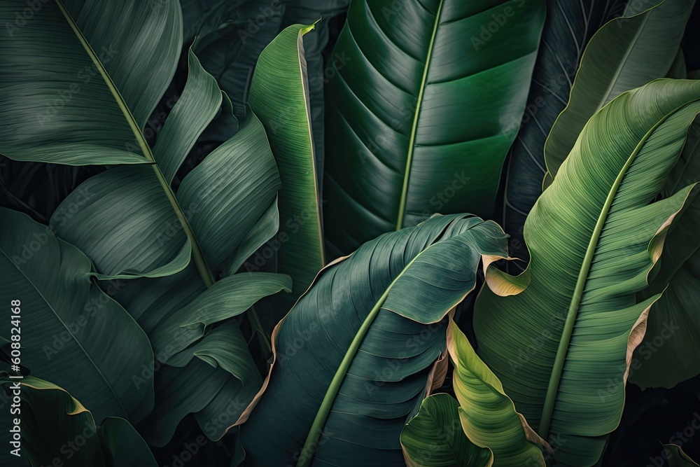 Canvas Prints texture of tropical banana palm leaves on a green backdrop. Generative AI