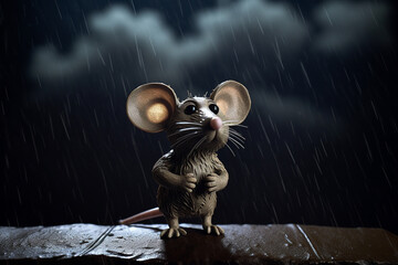A cartoon-style image of a small but determined-looking mouse, standing atop a large, bright yellow boulder with its arms crossed and its chin held high. - obrazy, fototapety, plakaty