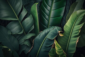 texture of tropical banana palm leaves on a green backdrop. Generative AI