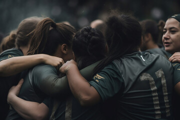 Naklejka premium A close-up of a team of four people in a tight huddle with a loud cheering crowd in the background.