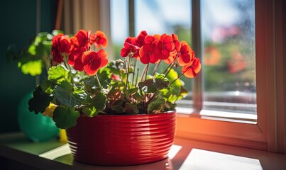 Fototapeta premium a red potted plant sitting on top of a window sill. generative ai