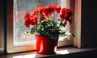  a red potted plant sitting on a window sill.  generative ai