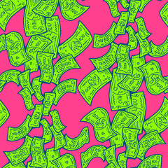 Money seamless vector pattern background for print design. Hundred dollars banknotes, a lot of cash for finance. economy, business success theme. Hand drawn line illustration, cartoon style drawing.