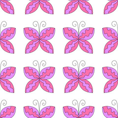 Obraz na płótnie Canvas Groovy seamless pattern with retro butterflies. Vector psychedelic background in 1970 hippie style.