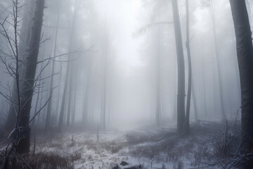 A hyper-realistic winter scene: a snow-covered forest with a blanket of thick fog hovering over the trees.