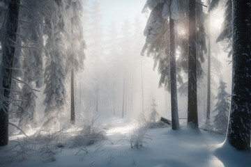 Naklejka premium A hyper-realistic winter scene: a snow-covered forest with a blanket of thick fog hovering over the trees.