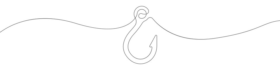 Fishing hook line continuous drawing vector. One line Hook vector background. Hook fisherman's equipment icon. Continuous outline of a Fishing hook.