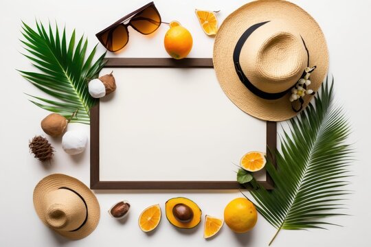 Summertime songwriting. On a white backdrop, tropical palm fronds, a cap, a picture frame, and a coconut. topic of summer. Flat lay, top view, and copy space. Generative AI