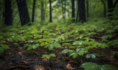  a forest with lots of green plants and leaves on the ground.  generative ai