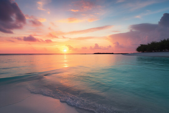 A photorealistic background image of a beach in the Maldives at sunset.