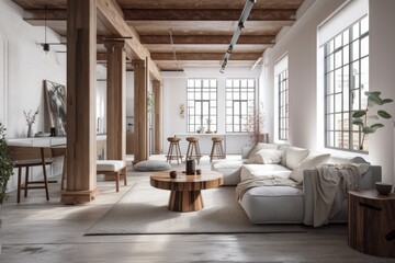 Fototapeta na wymiar A chic modern studio apartment with wooden columns in the loft style, brick, marble, and wood decorations, chic furniture, and white walls. Generative AI