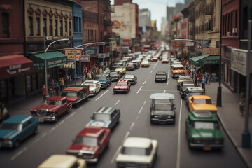 Naklejka premium A photorealistic image of a bustling city street filled with a variety of different transportation methods.