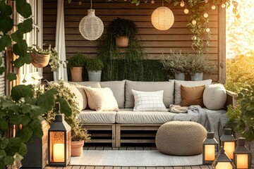 modern outdoor lounge in the garden. House on a terrace with plants, a wooden table and wall, a cozy couch, and lamps. cozy patio or balcony area. garden chairs on a wooden veranda. Generative AI - obrazy, fototapety, plakaty