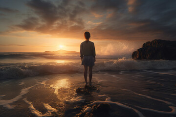 A photorealistic image of a woman in a modern office, sitting behind her desk with multiple computer monitors and a coffee cup next to her.