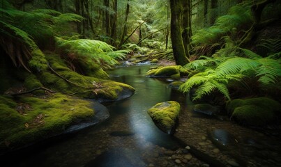  a stream running through a lush green forest filled with trees.  generative ai