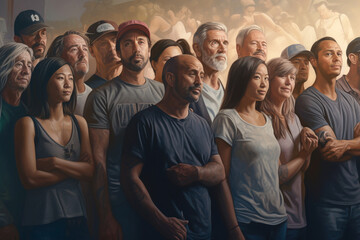 A photorealistic mural of a diverse group of people standing shoulder to shoulder, smiling, with arms around each other's shoulders.