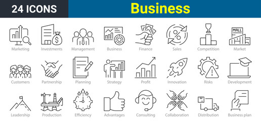 set of 24 Outline Icon Business Management. Set contains such Icons as Vision, Mission, Values, Human Resource, Experience and more