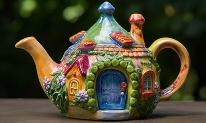  a ceramic teapot with a house painted on the outside.  generative ai
