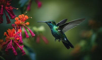  a hummingbird hovering over a flower with its wings spread.  generative ai