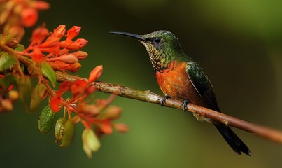  a colorful bird perched on a branch with flowers in the background.  generative ai