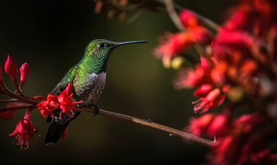 Fototapeta premium a hummingbird perches on a branch with red flowers. generative ai