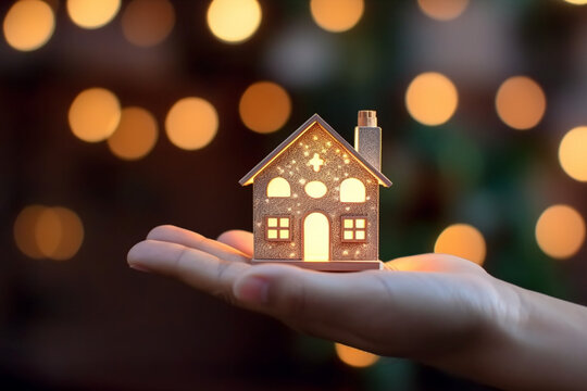 Loan for real estate concept illustrated by hand holding paper house on bokeh background Generative AI