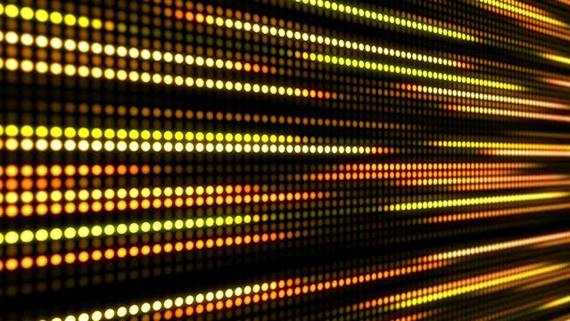 Grid of yellow glowing pixel dots. Effect of movement festive illumination lines. Blurred electronic display background. Looped animation graphics.