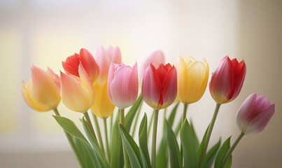  a bunch of tulips are in a glass vase.  generative ai