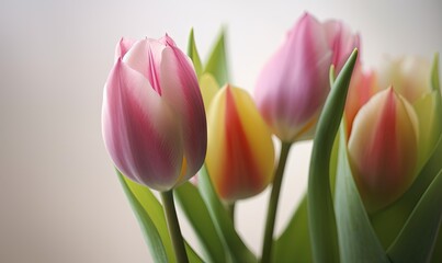  a group of pink and yellow tulips in a vase.  generative ai