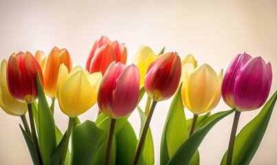  a bunch of colorful tulips in a glass vase.  generative ai