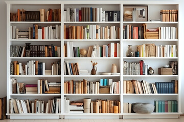 light bookshelf full of books, background modern bookshelf, generative ai - obrazy, fototapety, plakaty