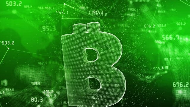 3D hologram of bitcoin blockxhain icon on green background with plexus lines and dots. Stock exchange are constantly changing. Abstract space motion graphics.
