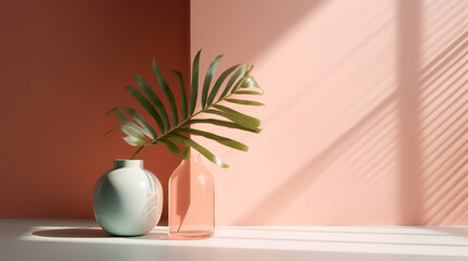 Obraz premium The empty room is adorned with shadows of window frames, casting intriguing patterns on the floor. Delicate flowers and palm leaves add a touch of elegance and tranquility. 