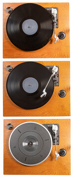 Adapter for vinyl records in three different positions on an isolated background.