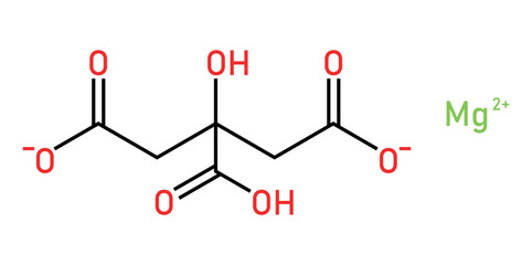 Chemical structure of magnesium citrate (C6H6MgO7). Chemical resources for teachers and students. Vector illustration isolated on white background.