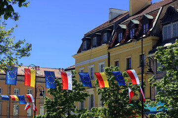 Warsaw, Poland. Krakowskie Przedmiescie street decorated with the flags of Poland and the European Union. Celebration of the anniversary of Poland's accession to the European Union
